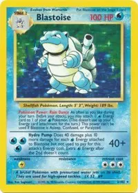 Rare Holographic Pokemon card from the base set showing Blastoise with his dual water cannons.