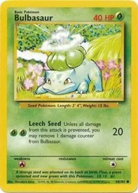 A picture of the Bulbasaur Pokemon card from Base Set