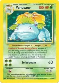 Rare Holographic Pokemon card from the base set showing the huge Venusaur with large flower on its back