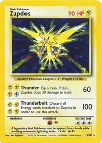 A picture of the Zapdos Pokemon card from Base Set