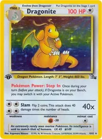 Holographic dragonite pokemon card. The cute dragon pokemon sitting down with a rainbow background.