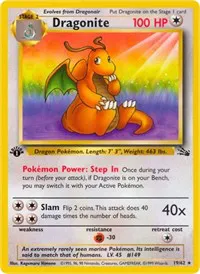 A picture of the Dragonite Pokemon card from Fossil