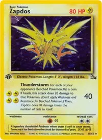 A picture of the Zapdos Pokemon card from Fossil