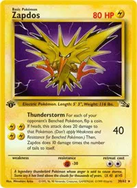 A picture of the Zapdos Pokemon card from Fossil