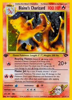 A picture of the Blaine's Charizard Pokemon card from Gym Challenge