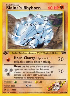 A picture of the Blaine's Rhyhorn Pokemon card from Gym Challenge