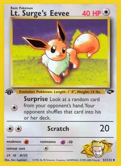 A picture of the Lt. Surge's Eevee Pokemon card from Gym Challenge