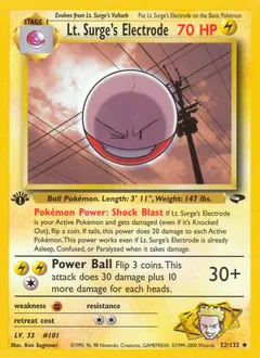 A picture of the Lt. Surge's Electrode Pokemon card from Gym Challenge