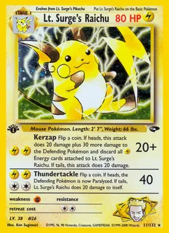 A picture of the Lt. Surge's Raichu Pokemon card from Gym Challenge