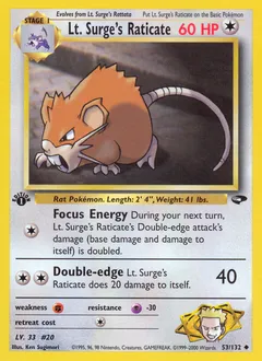 A picture of the Lt. Surge's Raticate Pokemon card from Gym Challenge