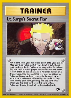 A picture of the Lt. Surge's Secret Plan Pokemon card from Gym Challenge