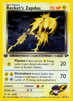 A picture of the Rocket's Zapdos Pokemon card from Gym Challenge