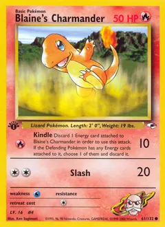 A picture of the Blaine's Charmander Pokemon card from Gym Heroes