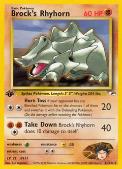 A picture of the Brock's Rhyhorn Pokemon card from Gym Heroes