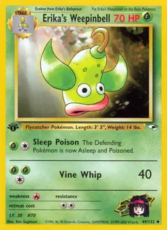 A picture of the Erika's Weepinbell Pokemon card from Gym Heroes