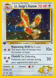 A picture of the Lt. Surge's Fearow Pokemon card from Gym Heroes