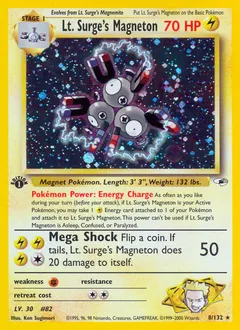 A picture of the Lt. Surge's Magneton Pokemon card from Gym Heroes