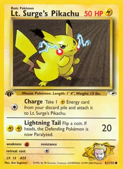 A picture of the Lt. Surge's Pikachu Pokemon card from Gym Heroes