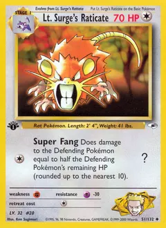 A picture of the Lt. Surge's Raticate Pokemon card from Gym Heroes