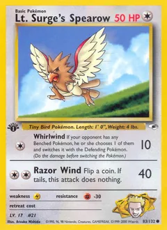 A picture of the Lt. Surge's Spearow Pokemon card from Gym Heroes