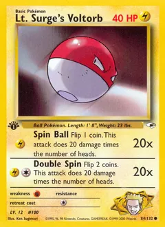 A picture of the Lt. Surge's Voltorb Pokemon card from Gym Heroes