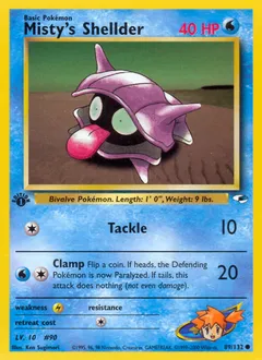 A picture of the Misty's Shellder Pokemon card from Gym Heroes