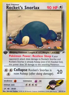 A picture of the Rocket's Snorlax Pokemon card from Gym Heroes