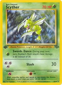A picture of the Scyther Pokemon card from Jungle