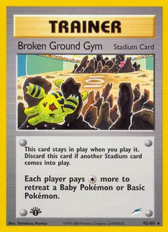 A picture of the Broken Ground Gym Pokemon card from Neo Destiny