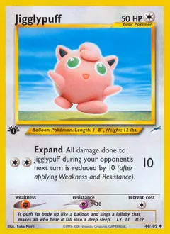 A picture of the Jigglypuff Pokemon card from Neo Destiny