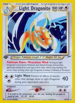 A picture of the Light Dragonite Pokemon card from Neo Destiny