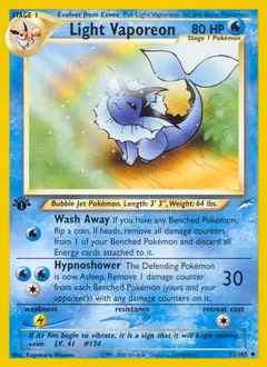 A picture of the Light Vaporeon Pokemon card from Neo Destiny