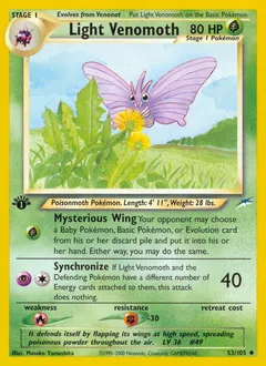 A picture of the Light Venomoth Pokemon card from Neo Destiny