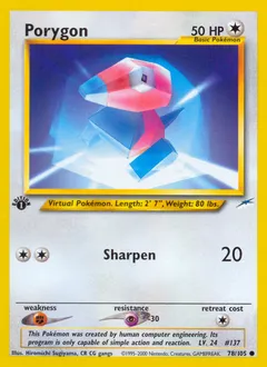 A picture of the Porygon Pokemon card from Neo Destiny