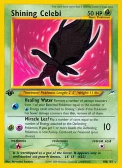 A picture of the Shining Celebi Pokemon card from Neo Destiny