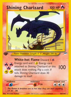 A picture of the Shining Charizard Pokemon card from Neo Destiny