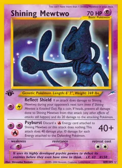 A picture of the Shining Mewtwo Pokemon card from Neo Destiny