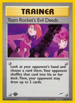 A picture of the Team Rocket's Evil Deeds Pokemon card from Neo Destiny