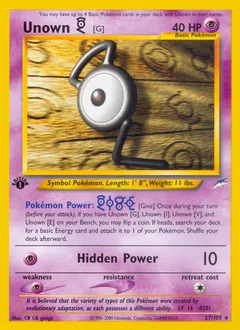 A picture of the Unown [G] Pokemon card from Neo Destiny