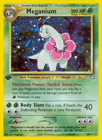A picture of the Meganium Pokemon card from Neo Genesis