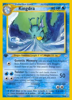 A picture of the Kingdra Pokemon card from Neo Revelation