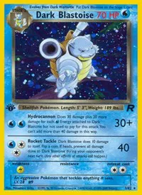 Dark blastoise rare holographic pokemon card from the 2000 team tocket set. Evil looking with dual water cannons.