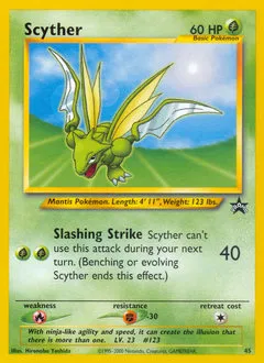A picture of the Scyther Pokemon card from WOTC Promos